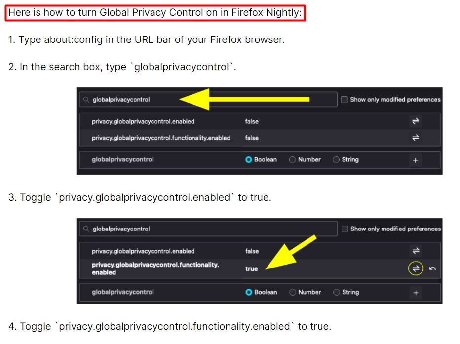 Mozilla Implementing GPC: Firefox Nightly instructions