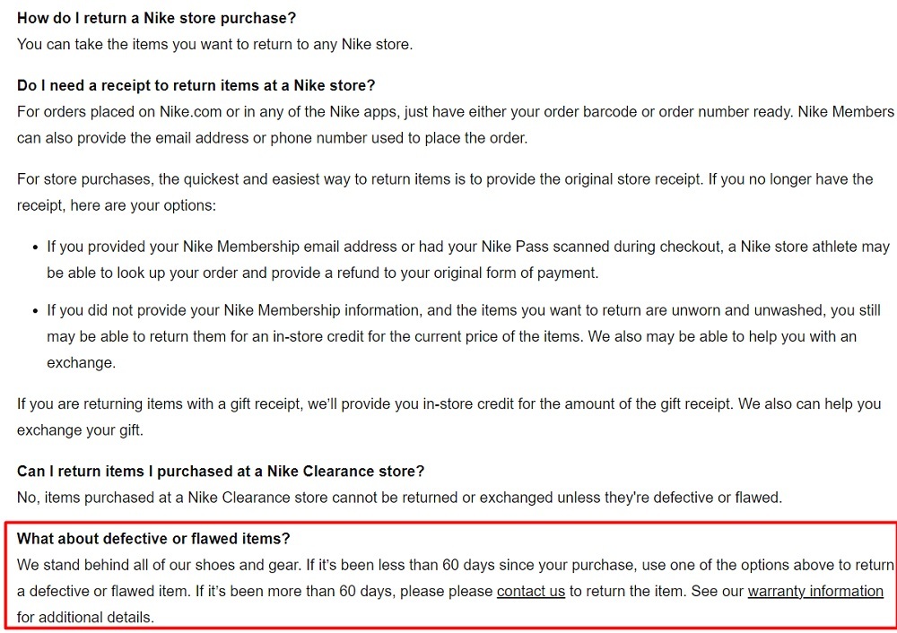 Nike Return Policy FAQ: Defective or flawed items section highlighted