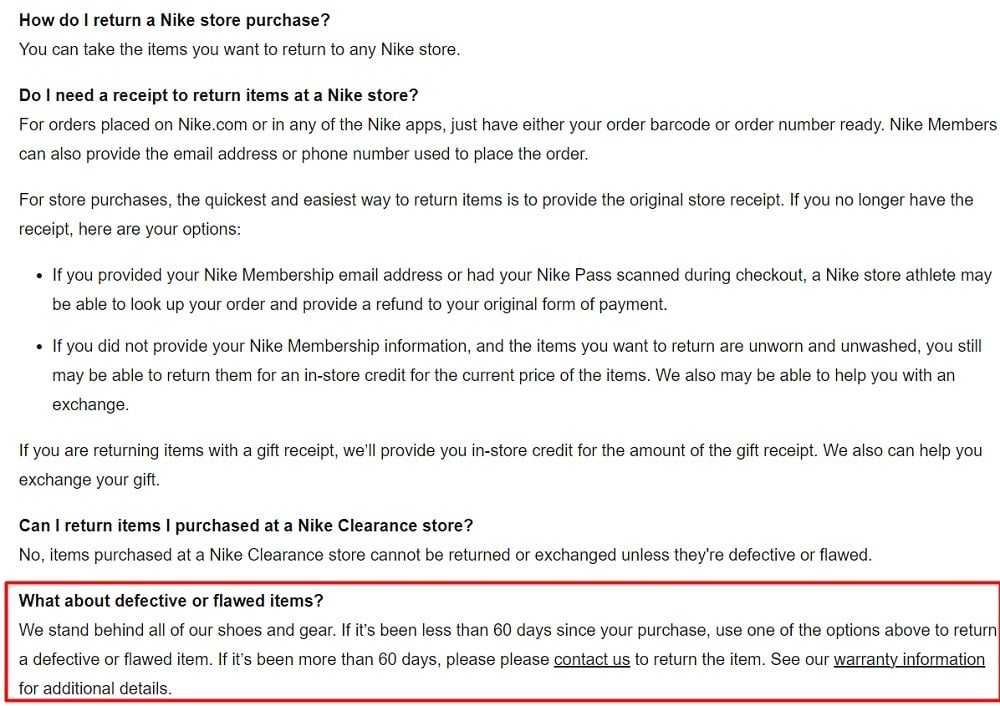 Nike Return Policy FAQ: Defective or flawed items section highlighted