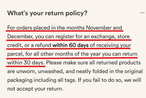 Organic Basics Exchanges and Returns Policy: Extended timeline section highlighted