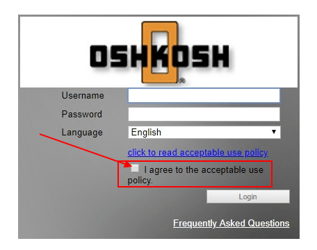 Oshkosh login form with Agree to Acceptable Use Policy checkbox highlighted