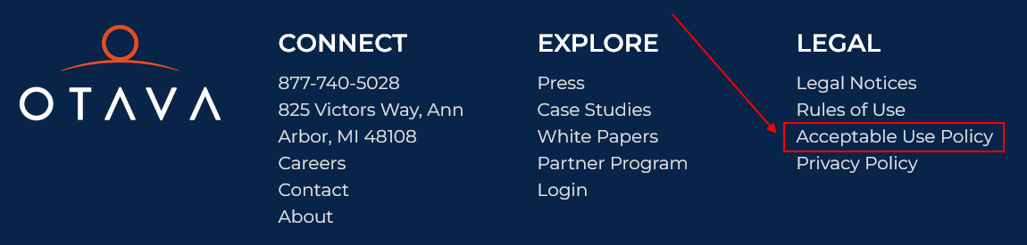 Otava website footer with Acceptable Use Policy link highilghted - Updated