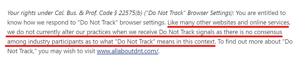 Pandora Privacy Policy: California Residents clause - Your rights under CalOPPA with Do Not Track excerpt highlighted