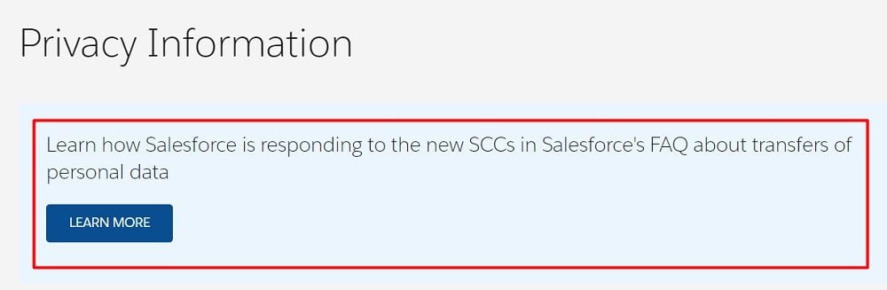 Salesforce Privacy Policy: Privacy Information section with SCC link highlighted