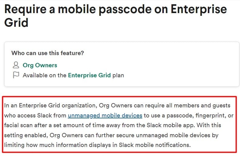 Slack Enterprise Grid mobile password security information