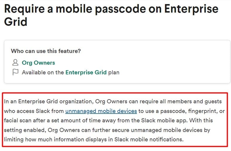 Slack Enterprise Grid mobile password security information