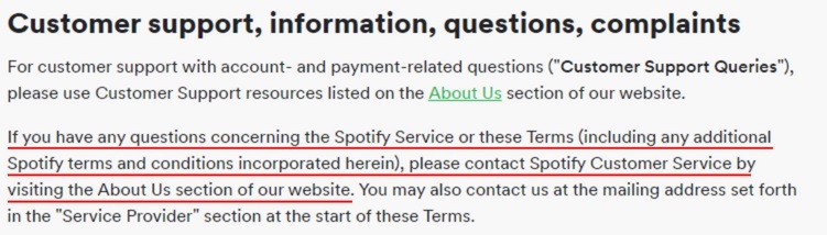 Spotify Terms and Conditions: Customer support, information, questions and complaints clause