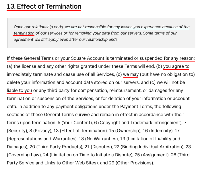 Square Terms of Service: Effect of Termination clause