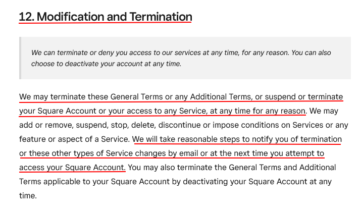 Square Terms of Service: Modification and Termination clause - Updated