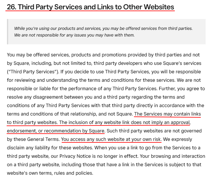 Square Terms of Service: Third Party Links to Other Websites clause