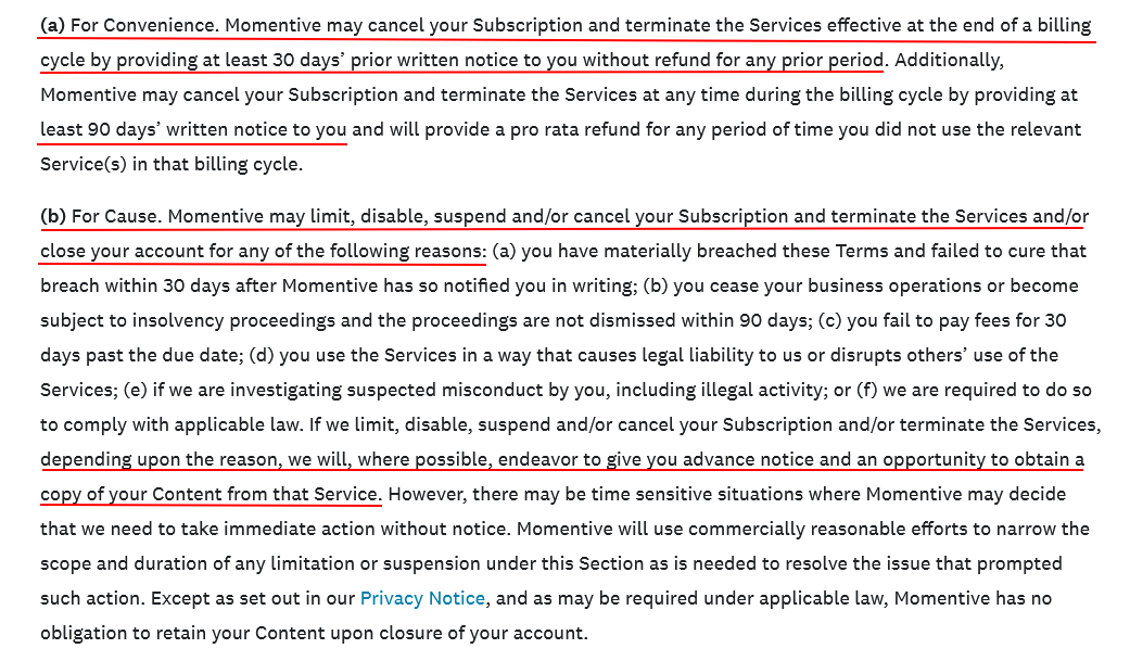 SurveyMonkey Terms of Use: Suspension Account Closure and Termination of Services clause excerpt - Part two