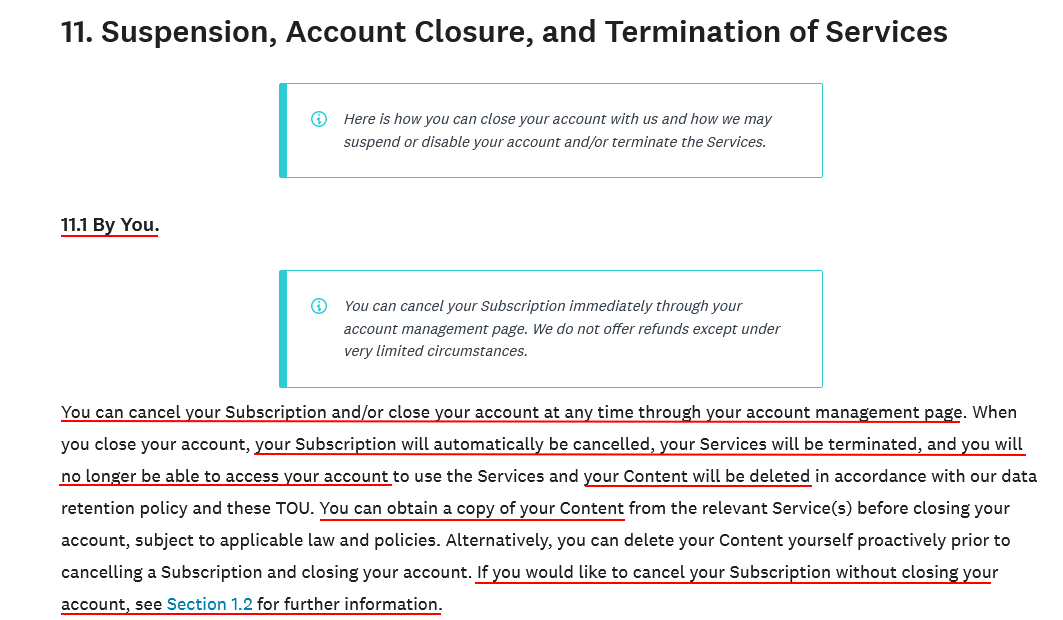 SurveyMonkey Terms of Use: Suspension Account Closure and Termination of Services clause excerpt