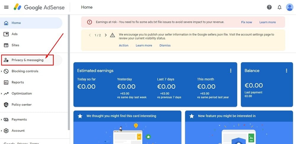 TermsFeed Google AdSense: Dashboard with Privacy and messaging selected