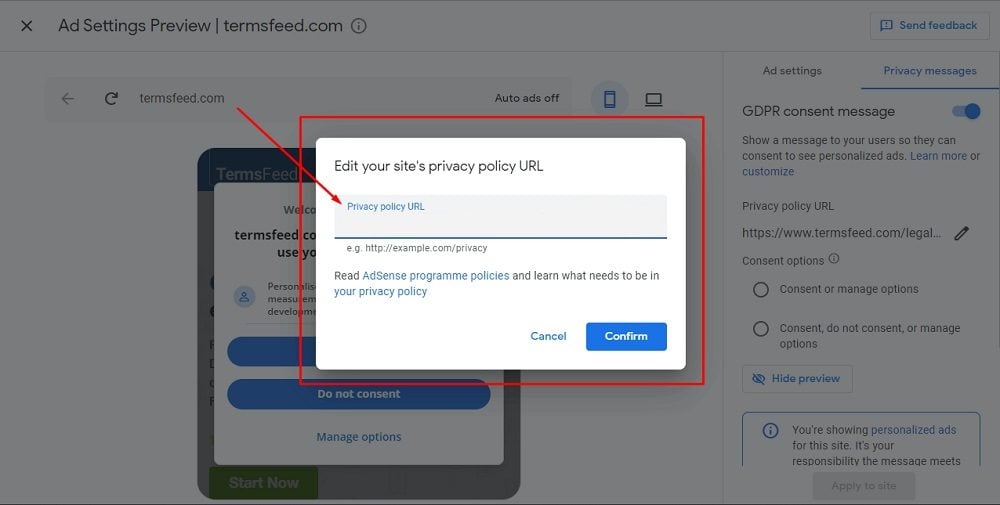 TermsFeed Google AdSense: Privacy and messaging - GDPR - Enabled - Edit site’s Privacy Policy URL modal empty highlighted