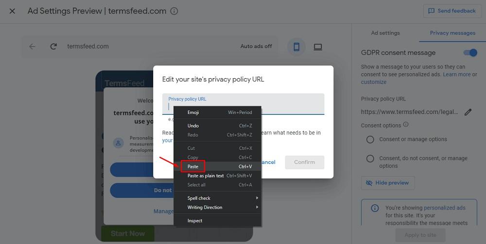 TermsFeed Google AdSense: Privacy and messaging - GDPR - Enabled - Edit site’s Privacy Policy URL modal paste option highlighted