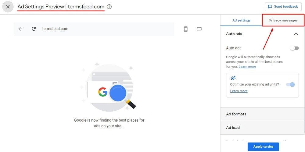 TermsFeed Google AdSense:Privacy and messaging - Ad Settings Preview - Privacy messages tab highlighted