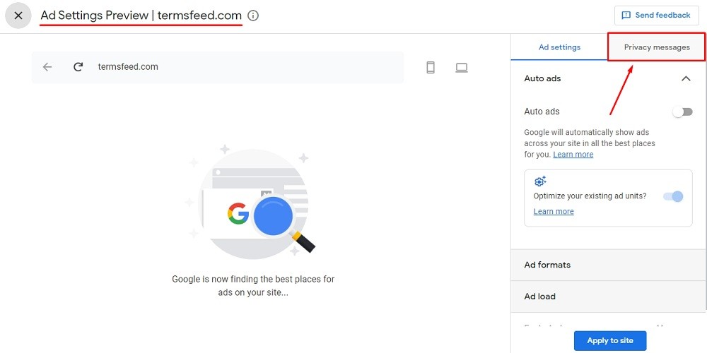 TermsFeed Google AdSense:Privacy and messaging - Ad Settings Preview - Privacy messages tab highlighted