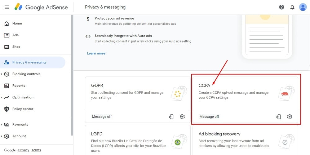 TermsFeed Google AdSense: Privacy and messaging - CCPA card highlighted