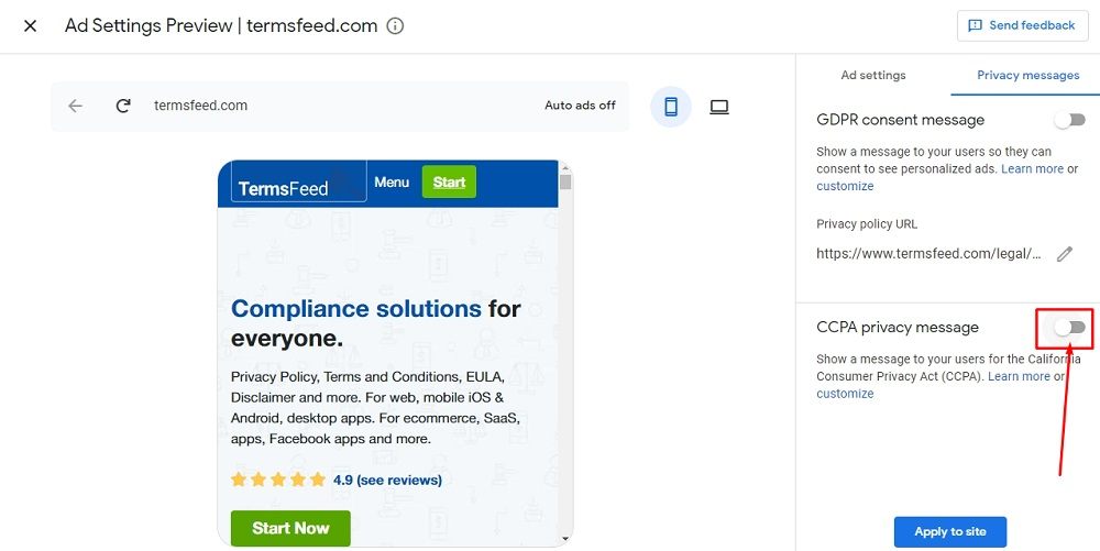 TermsFeed Google AdSense: Privacy and messaging - CCPA - Disabled highlighted
