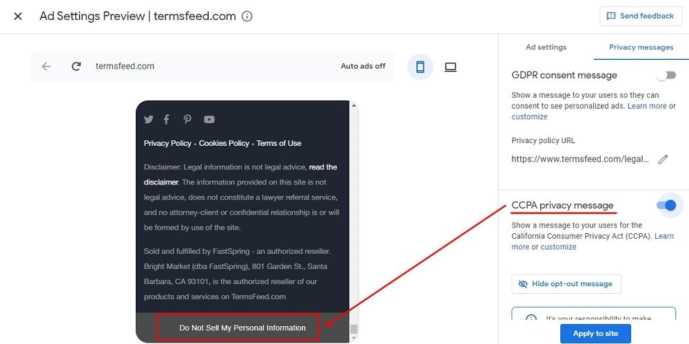 TermsFeed Google AdSense: Privacy and messaging - CCPA privacy message Enabled with Do Not Sell My Personal Information message in the website footer highlighted