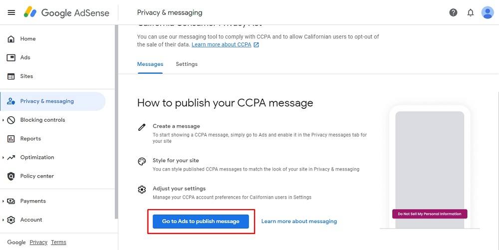 TermsFeed Google AdSense: Privacy and messaging - CCPA card opened - Go to Ads to publish message button highlighted