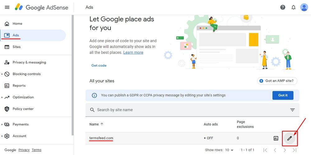 TermsFeed Google AdSense: Privacy and messaging - Edit option of the website highlighted