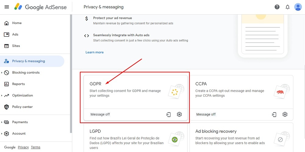 TermsFeed Google AdSense:Privacy and messaging - GDPR card highlighted