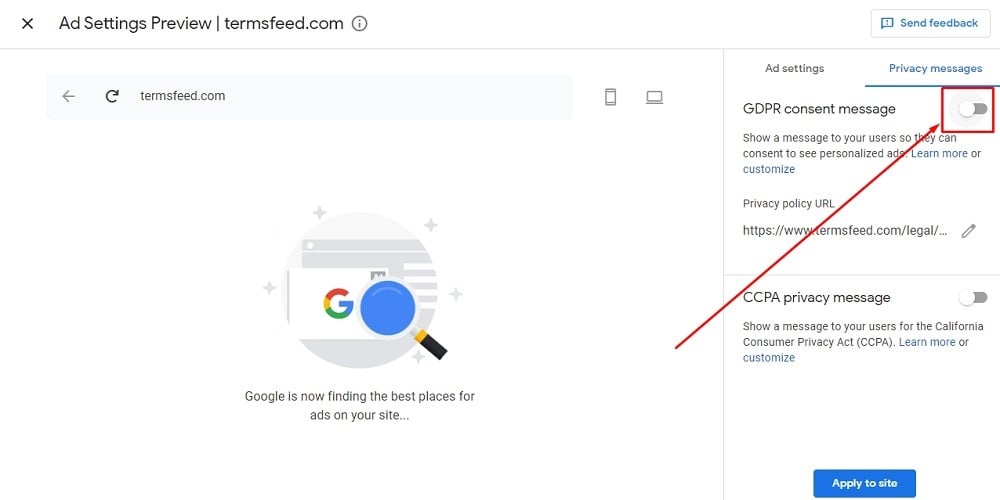 TermsFeed Google AdSense: Privacy and messaging - GDPR - Disabled highlighted