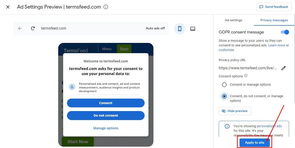 TermsFeed Google AdSense: Privacy and messaging - GDPR - Enabled - Apply to site button highlighted