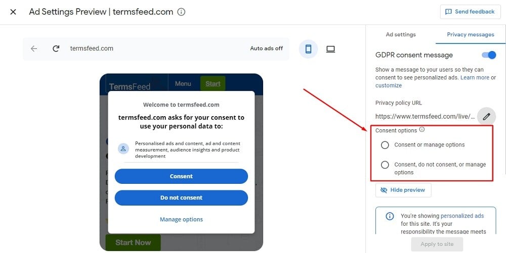 TermsFeed Google AdSense: Privacy and messaging - GDPR - Enabled - Consent options highlighted