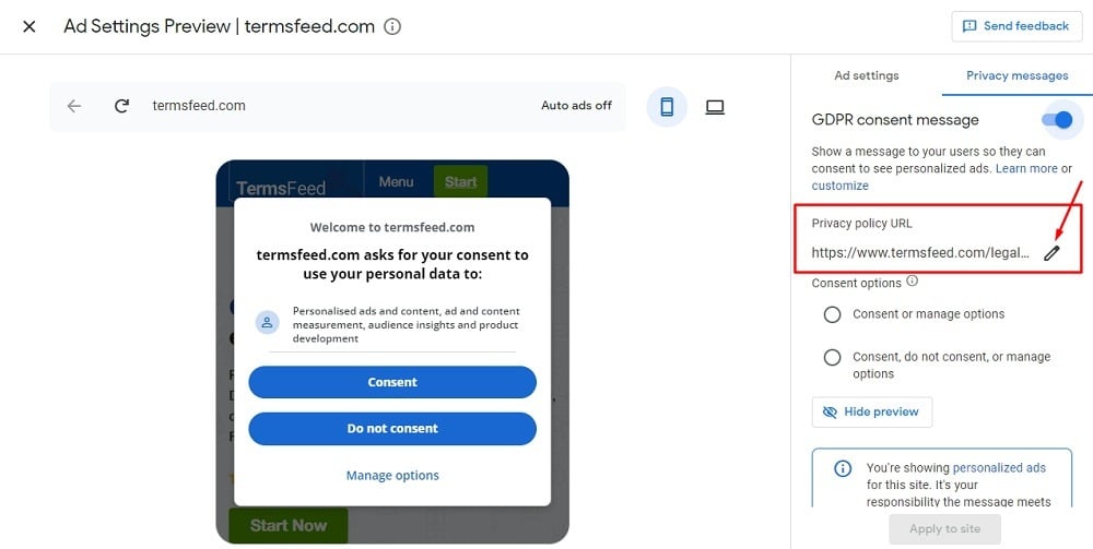 TermsFeed Google AdSense: Privacy and messaging - GDPR - Enabled - Privacy Policy URL edit option highlighted