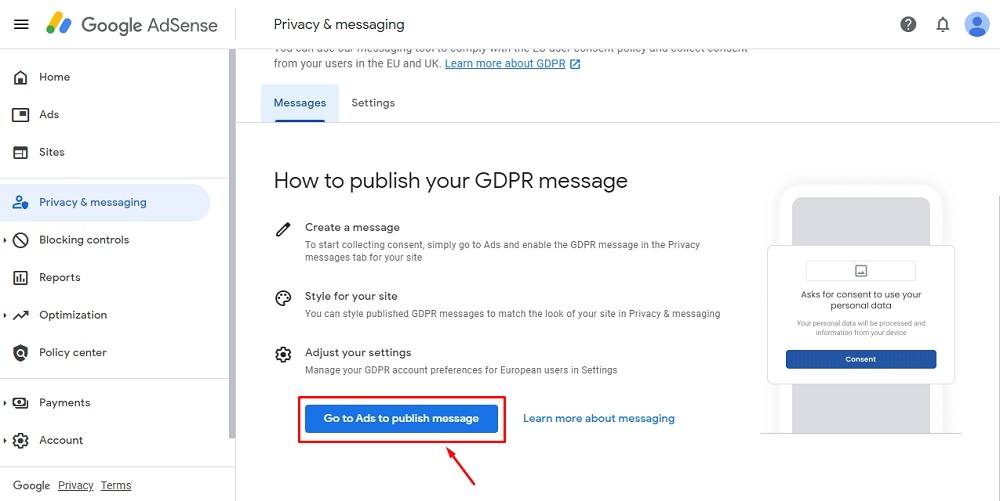TermsFeed Google AdSense:Privacy and messaging - GDPR card opened - Go to Ads to publish message button highlighted