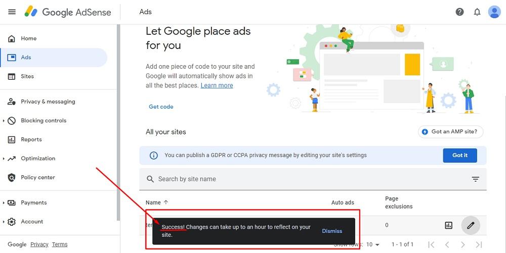 TermsFeed Google AdSense: Privacy and messaging - Success message highlighted