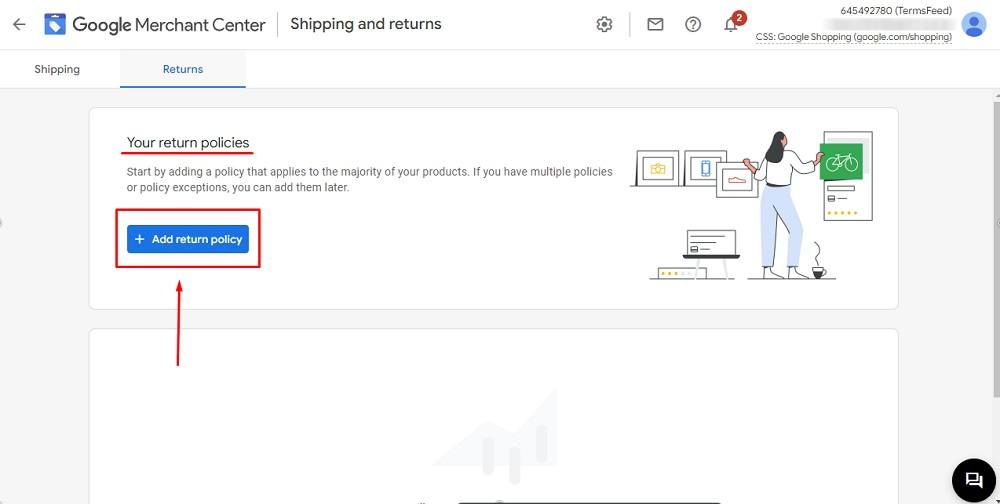 TermsFeed Google Merchant Center: Returns with Add return policy button highlighted