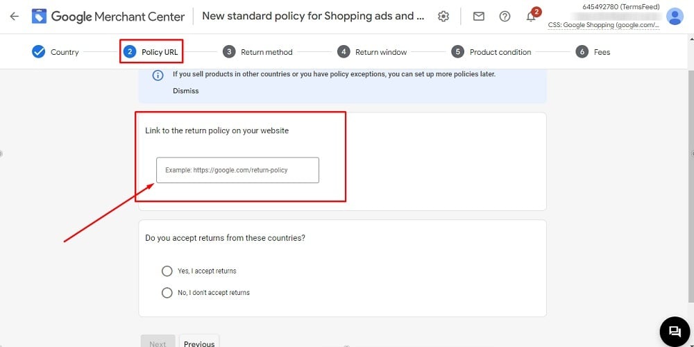 TermsFeed Google Merchant Center: Returns - Step 2- Add Return Policy URL - empty field highlighted