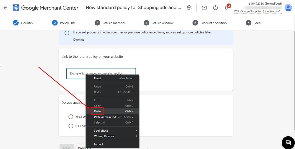 TermsFeed Google Merchant Center: Returns - Step 2- Add Return Policy URL - field with paste option highlighted