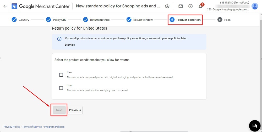 TermsFeed Google Merchant Center: Returns - Step 5 - Product condition - options with Next button highlighted