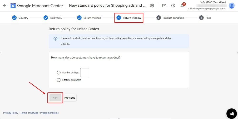 TermsFeed Google Merchant Center: Returns - Step 4 - Return window - options with Next button highlighted