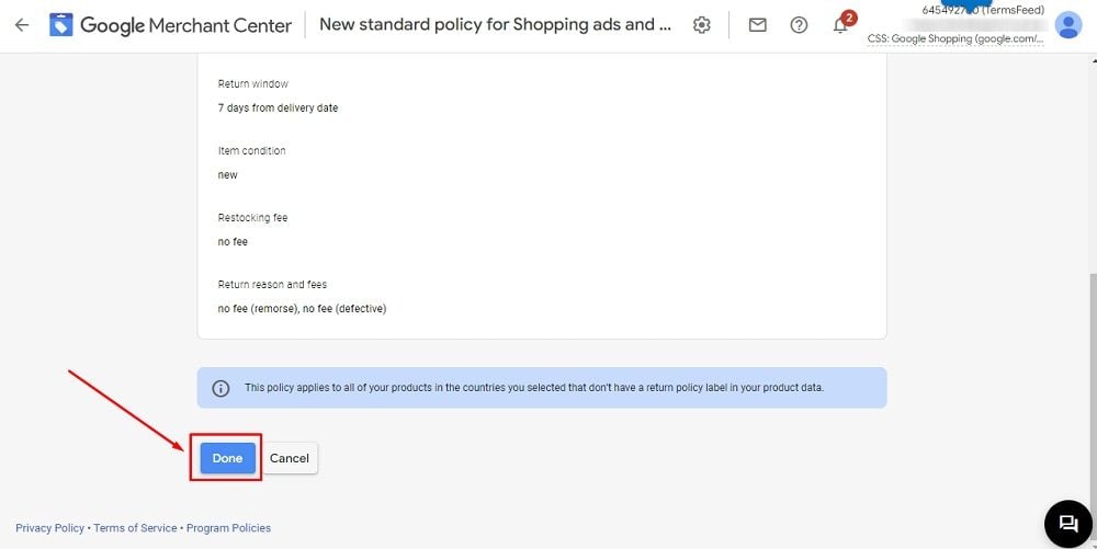 TermsFeed Google Merchant Center: Returns - Review and Done button highlighted