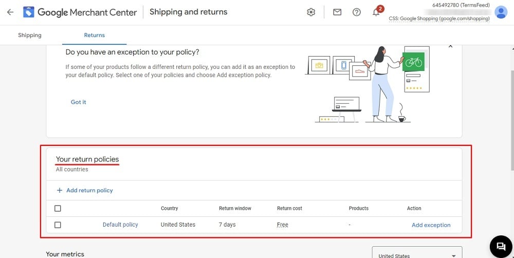 TermsFeed Google Merchant Center: Returns - Your return policies - table overview highlighted