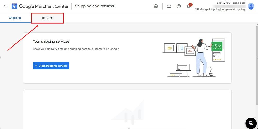 TermsFeed Google Merchant Center: Shipping and returns menu with Returns tab highlighted