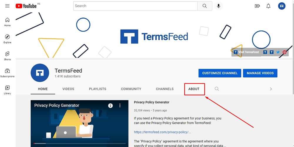 TermsFeed YouTube channel: About section highlighted