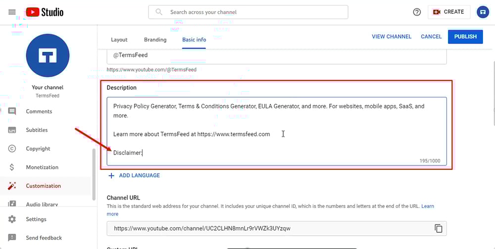 TermsFeed YouTube channel: Channel customization - Basic info with Description field highlighted