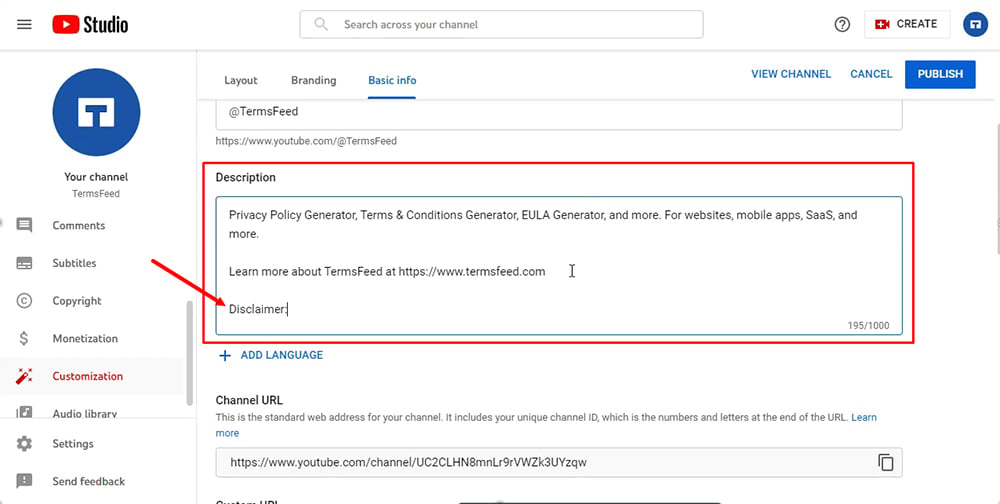 TermsFeed YouTube channel: Channel customization - Basic info with Description field highlighted