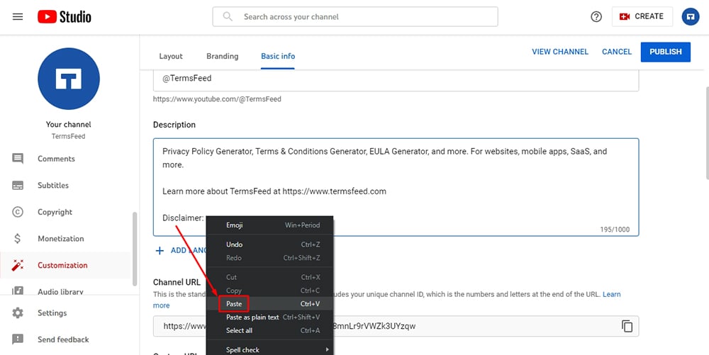 TermsFeed YouTube channel: Channel customization - Basic info - Description field paste option highlighted