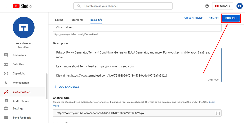 TermsFeed YouTube channel: Channel customization - Basic info - Description field Publish button highlighted