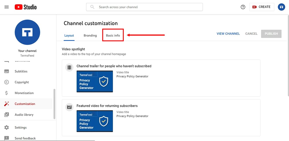 TermsFeed YouTube channel: Channel customization with Basic info tab highlighted