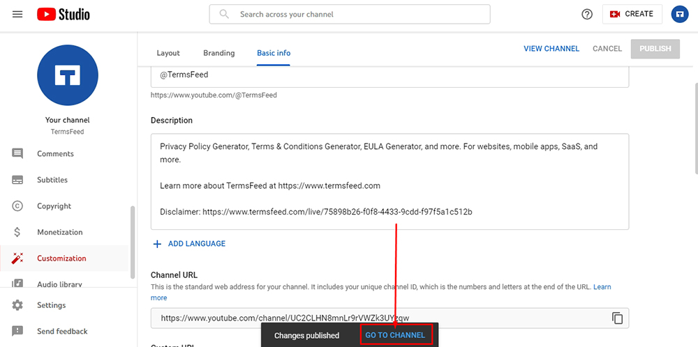 TermsFeed YouTube channel: Channel customization - Go to Channel button highlighted