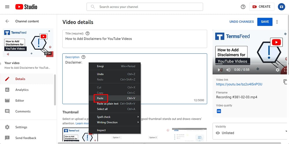 termsfeed-youtube-content-video-details-description-field-paste-option-highlighted