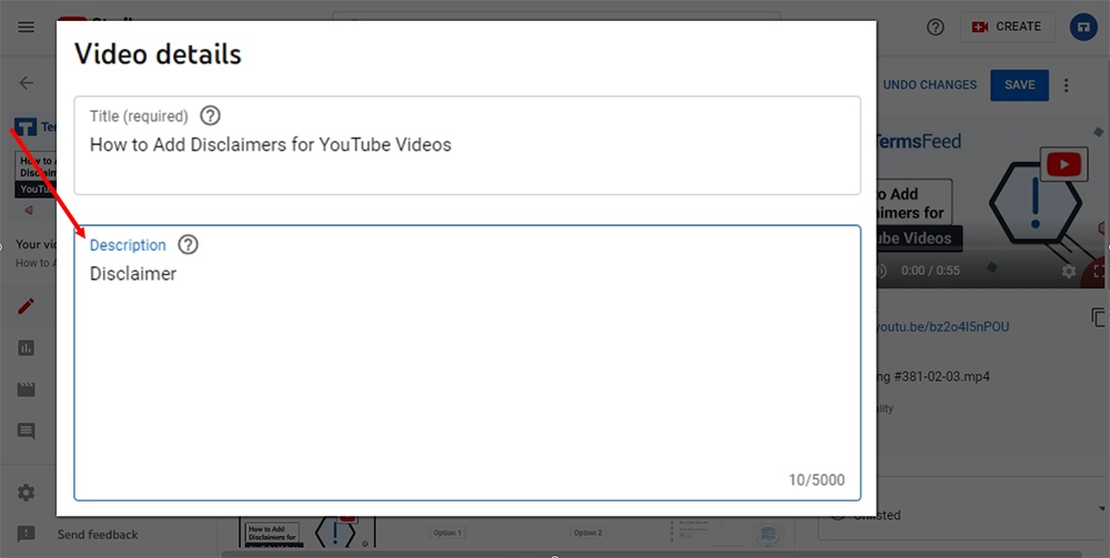 TermsFeed YouTube channel: Content Video details with Description field highlighted